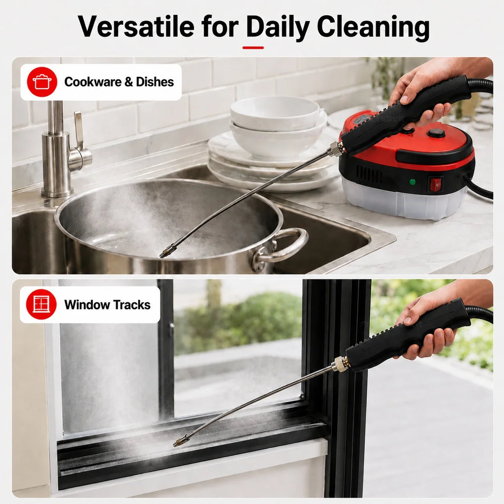 001 Small and Portable High-Pressure Red White Steam Cleaner With Brush Heads Handheld Sanitizing 6-Speed Settings Extended Hose Large Capacity Removes Grease Dust Mites for Air Conditioners Range Hoods Floors Bathrooms Cookw