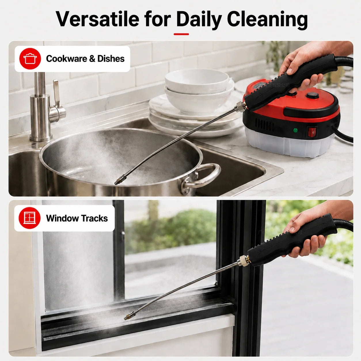 001 Small and Portable High-Pressure Red White Steam Cleaner With Brush Heads Handheld Sanitizing 6-Speed Settings Extended Hose Large Capacity Removes Grease Dust Mites for Air Conditioners Range Hoods Floors Bathrooms Cookw