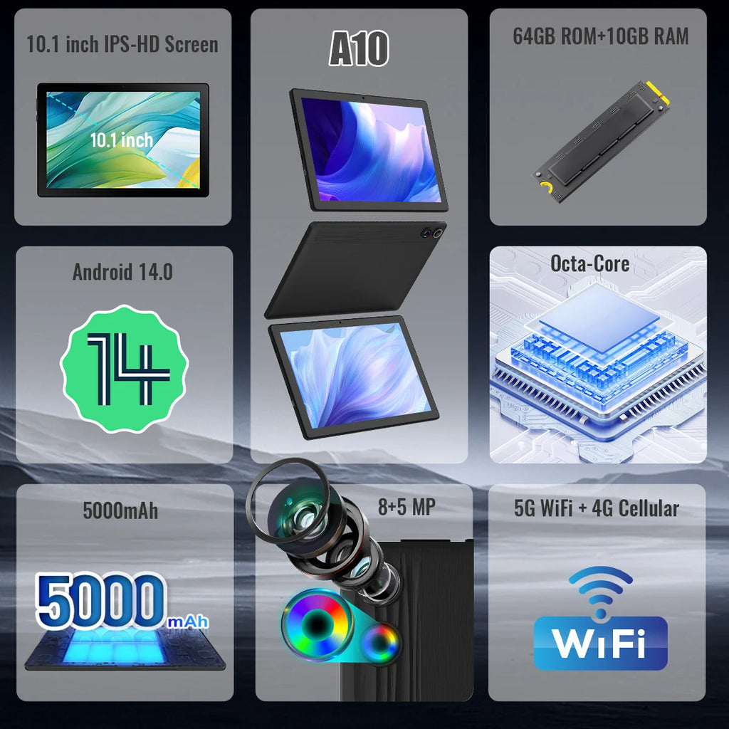 Tablet AEEZO A10 10.1" – Android 14, 10GB RAM, 5000mAh y Desbloqueo Facial