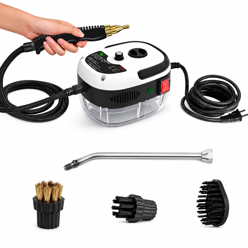 001 Small and Portable High-Pressure Red White Steam Cleaner With Brush Heads Handheld Sanitizing 6-Speed Settings Extended Hose Large Capacity Removes Grease Dust Mites for Air Conditioners Range Hoods Floors Bathrooms Cookw