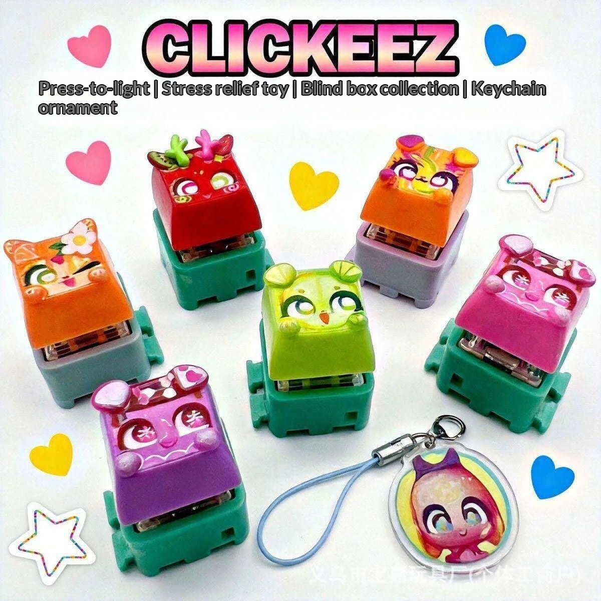 Clickeez Fidget Keycap Keychain Light Up LED Mechanical Keyboard Switch Stress Relief Toy Blind Box Collectible Backpack Charm