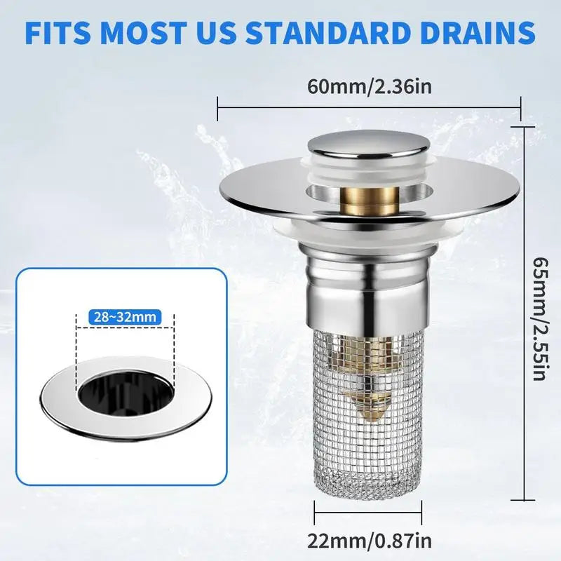 Universal 304 Stainless Steel Bathroom Sink Drain Stopper Pop-Up Hair Catcher Filter Anti-odor Anti-Clog Basin Plug