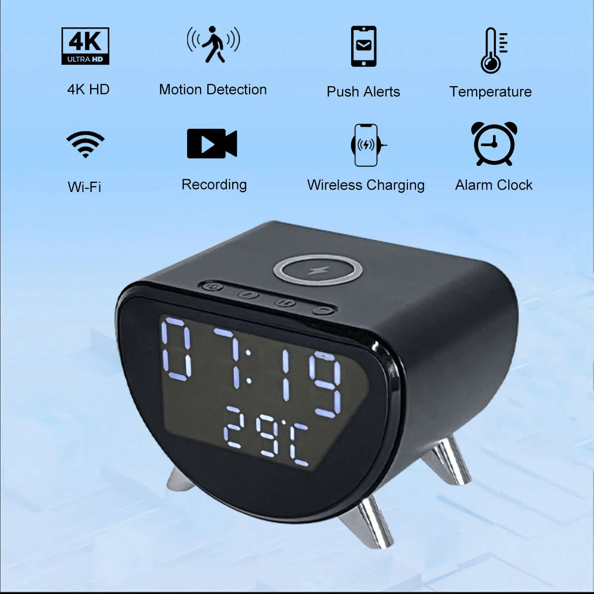 Cámara Reloj 4K WiFi – Carga Inalámbrica, Detección de Movimiento y App