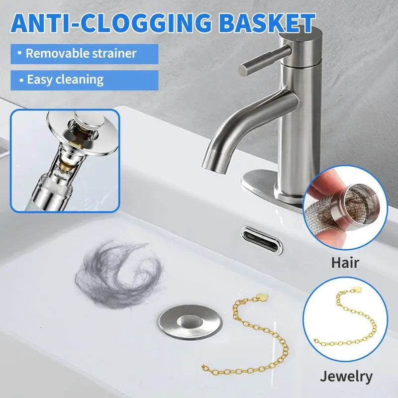 Universal 304 Stainless Steel Bathroom Sink Drain Stopper Pop-Up Hair Catcher Filter Anti-odor Anti-Clog Basin Plug