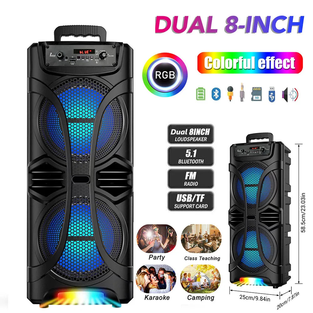 6000W Portable Party Bluetooth Speaker Sound System  Rechargeable Outdoor Loud Karaoke Dual 8 " Speaker