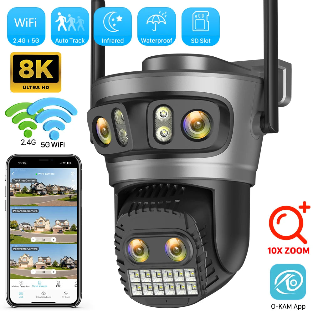Cámara PTZ 8K WiFi – 10X Zoom, 4 Lentes, Seguimiento Automático y CCTV