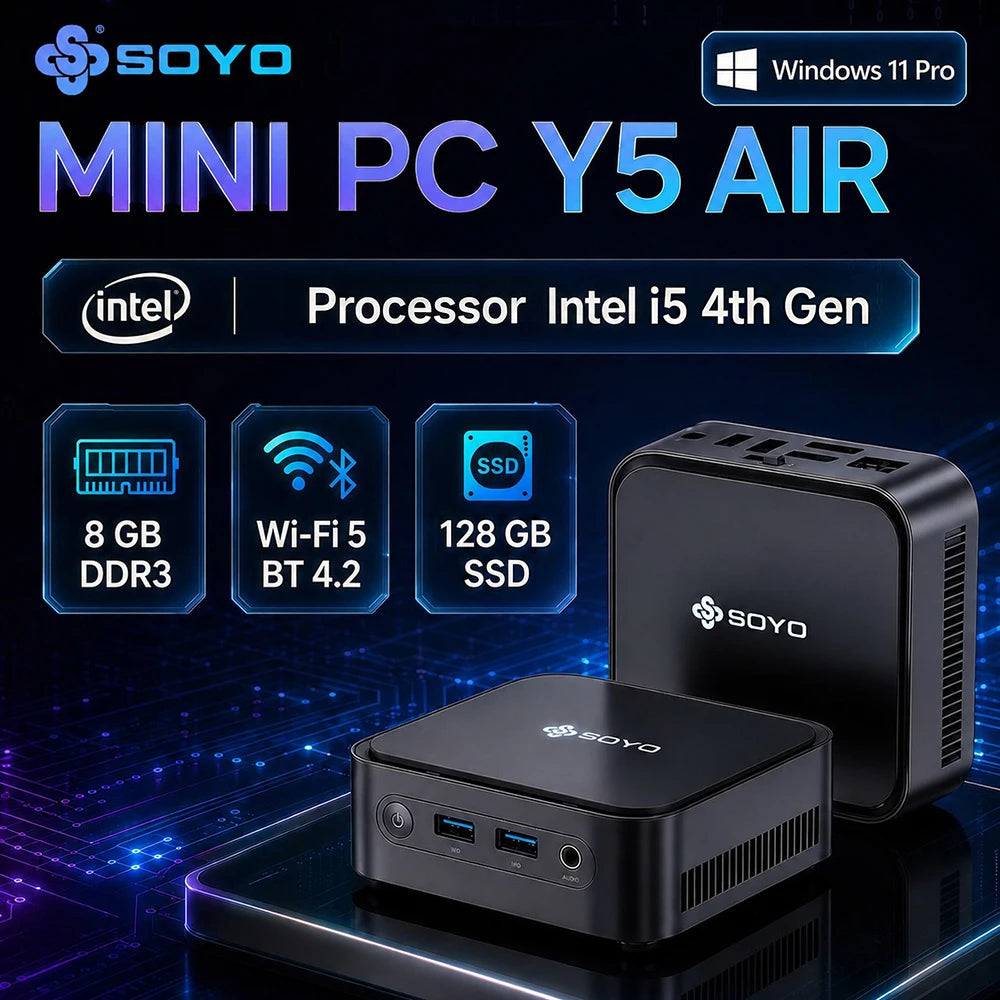 SOYO Mini PC Y5 AIR Intel Core I5 4250U 8GB RAM 128GB ROM Windows 11 Pro WiFi BT4.2 Office Desktop Computer 22nm 2.6ghz HDMI*2 USB3.0*4 RJ45*1 200MHZ Dual HDMI 4K Display Type-C