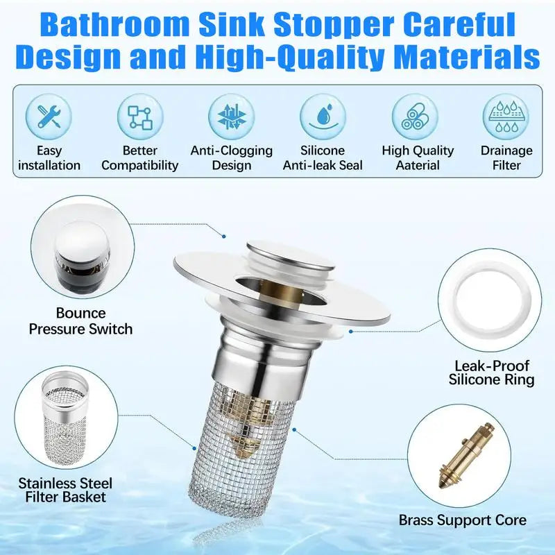 Universal 304 Stainless Steel Bathroom Sink Drain Stopper Pop-Up Hair Catcher Filter Anti-odor Anti-Clog Basin Plug