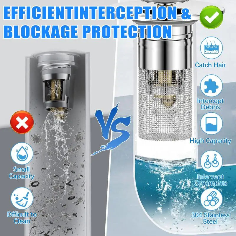 Universal 304 Stainless Steel Bathroom Sink Drain Stopper Pop-Up Hair Catcher Filter Anti-odor Anti-Clog Basin Plug