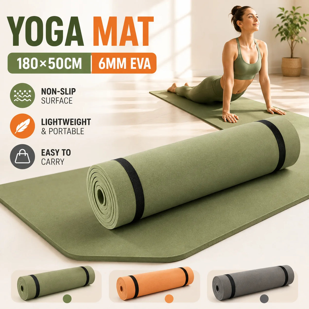 Colchoneta Yoga EVA 6MM Antideslizante – 180×50cm con Correa