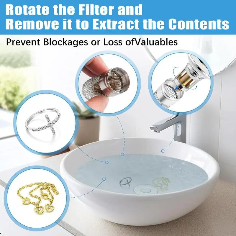 Universal 304 Stainless Steel Bathroom Sink Drain Stopper Pop-Up Hair Catcher Filter Anti-odor Anti-Clog Basin Plug