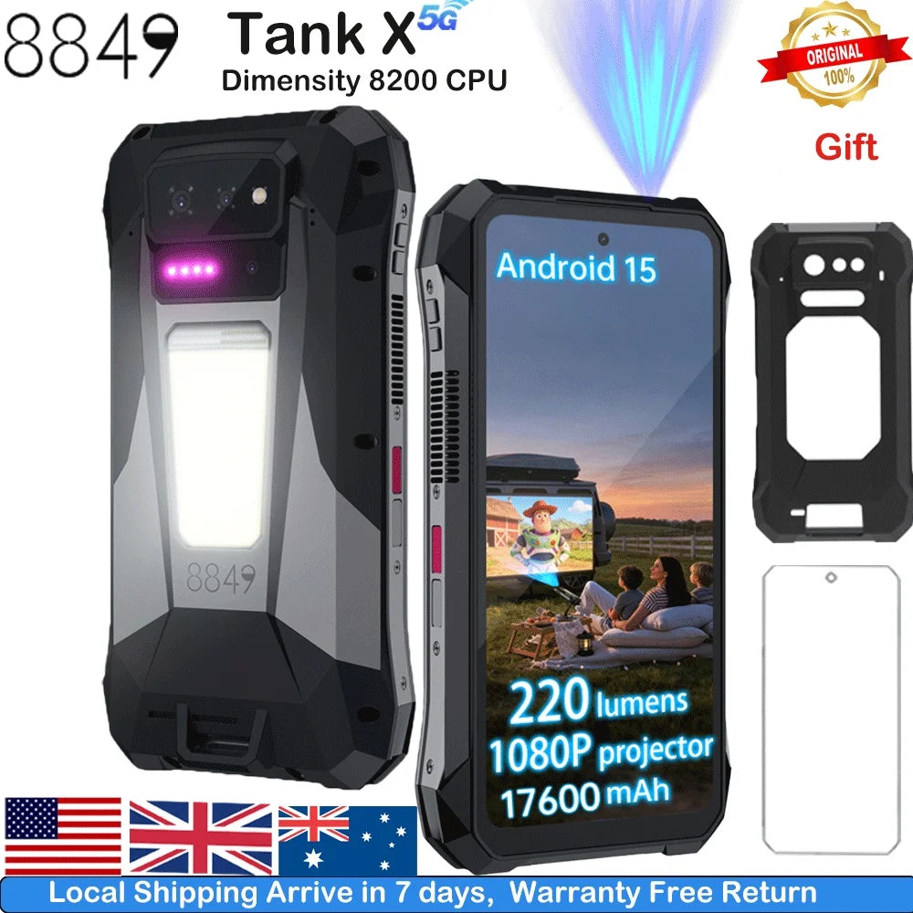 8849 Tank X Unihertz 220 Lumens Projector Rugged Smart Phone Support 1080P 5G AI Android 15 17600mAh  512GB Dimensity 8200
